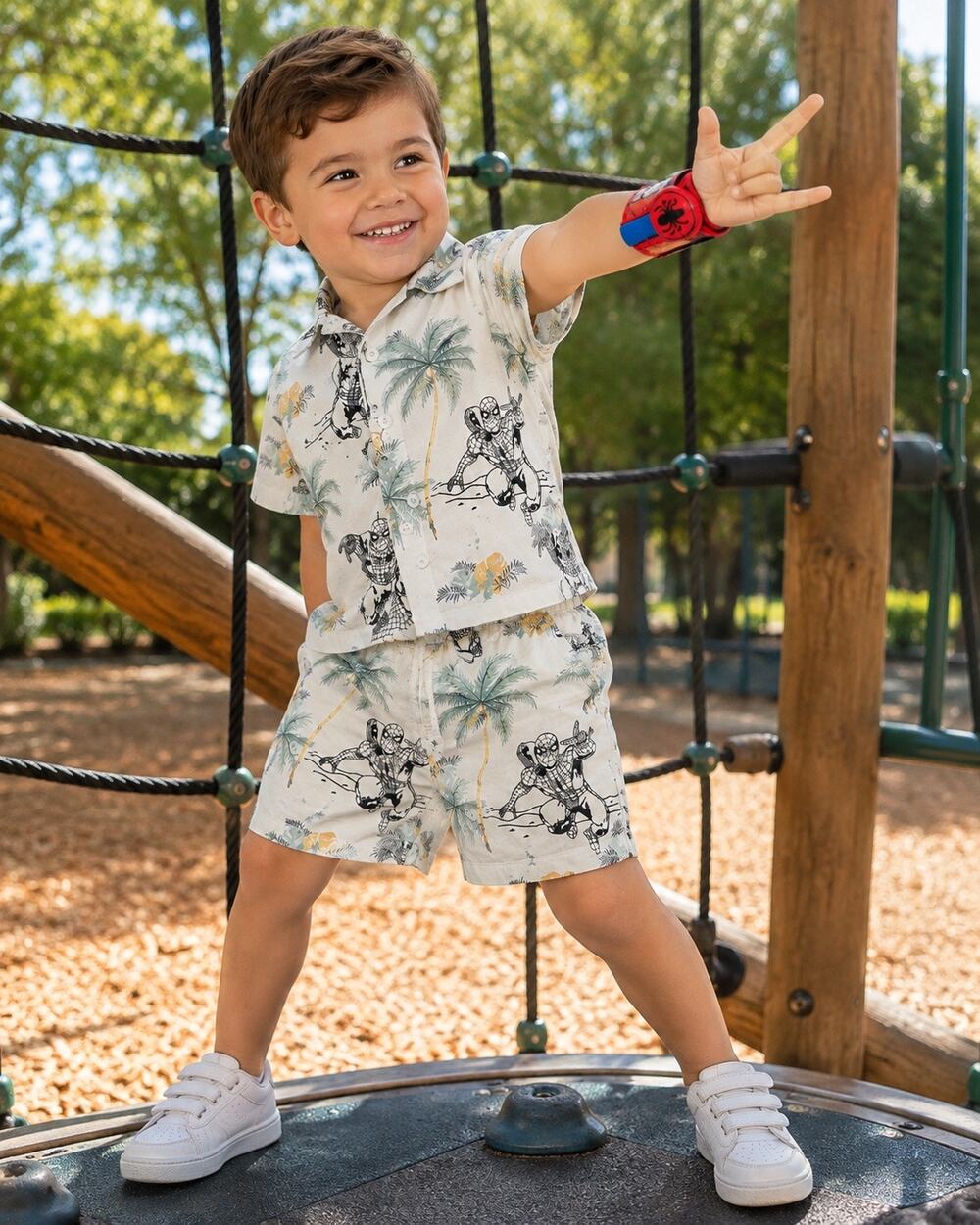 Marvel Spider-Man 2 Piece Hawaiian Print Outfit 3T 100% Cotton Shirt Shorts